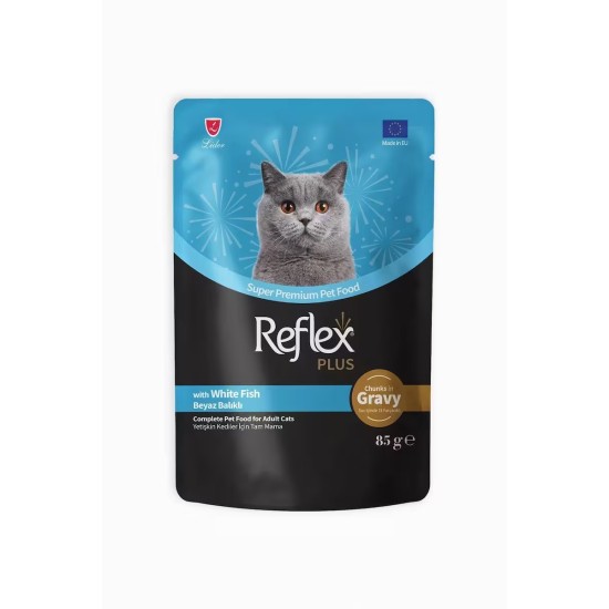 REFLEX PLUS POUCH ADULT CAT FOOD WITH MEAT PIECES AND WHITE FISH IN POUCH SAUCE 85 GR