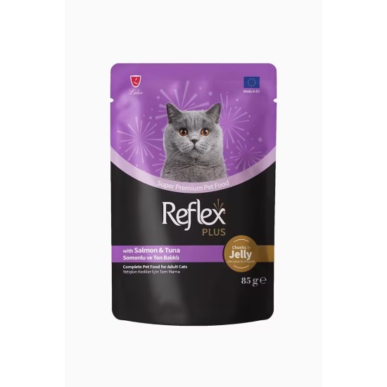 REFLEX PLUS POUCH ADULT CAT FOOD WITH MEAT PIECES, SALMON AND TUNA IN JOLLE 85 GR