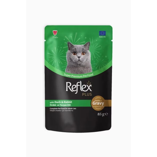 REFLEX PLUS POUCH ADULT CAT FOOD WITH MEAT PIECES, DUCK AND RABBIT IN POUCH SAUCE 85 GR