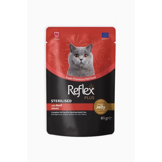REXLEX PLUS POUCH STEAK WITH MEAT PIECES IN JOLLE, NEUTERED ADULT CAT FOOD 85 GR